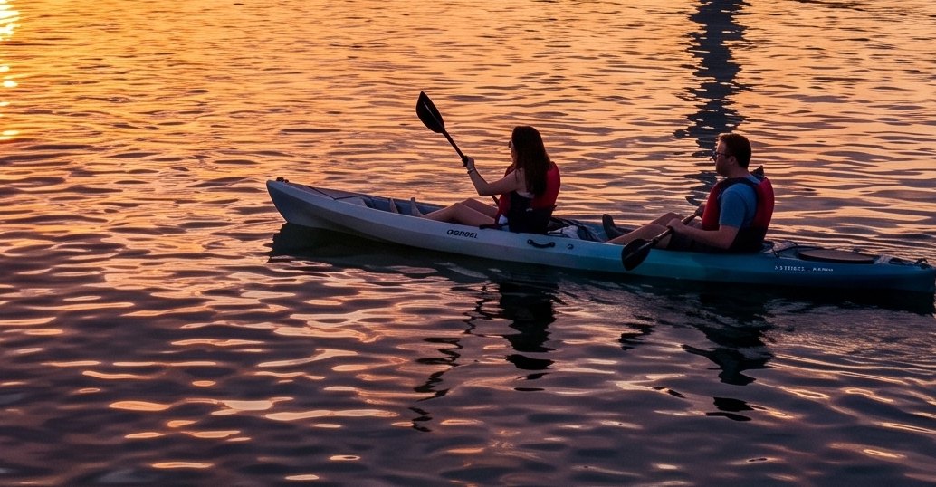 Two paddlers on glassy water at golden hour, Provincetown Harbor