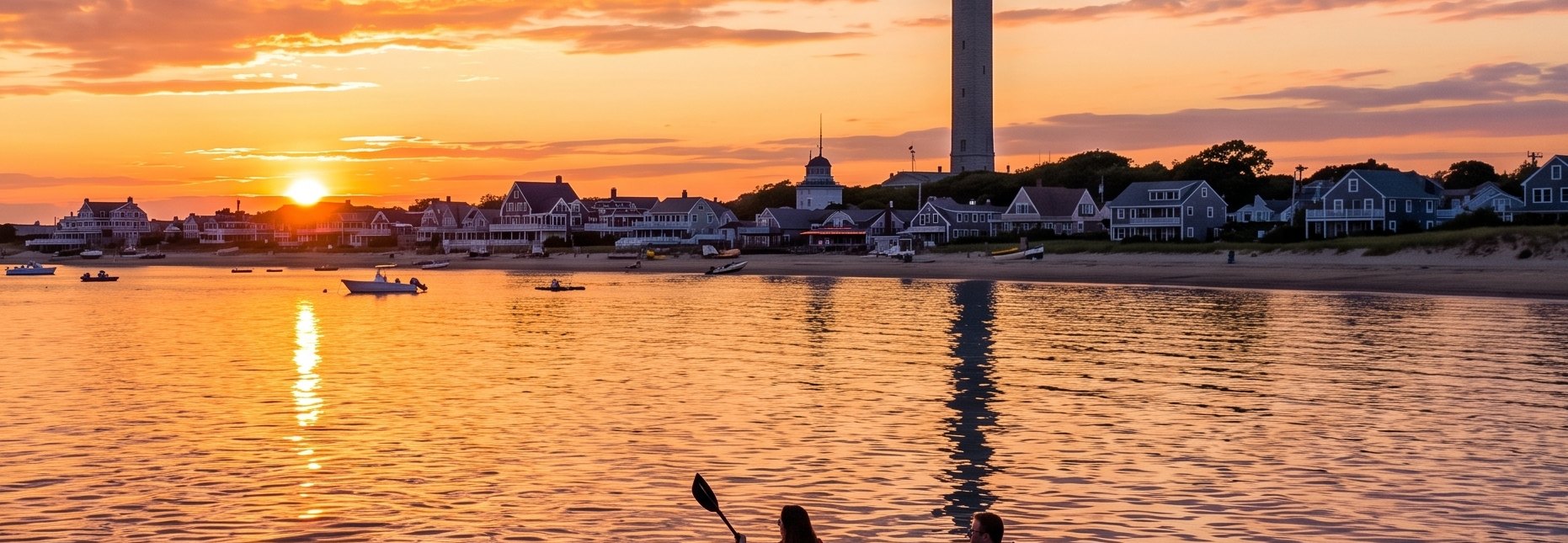 Provincetown Harbor at sunset — the waterfront and Pilgrim Monument from the water